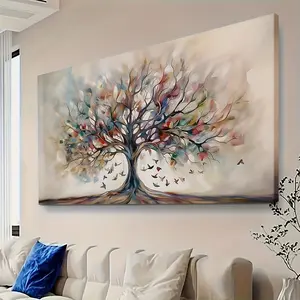 Vintage Colorful Abstract Tree of Life Canvas Wall Art - Wood Framed Geometric Love Theme Home Decor, Ready to Hang for Living Room, Kitchen, Perfect Gift for Halloween, Christmas, Mother's Day, Tree Decor, Artistic Room Accent, Reusable Artwork