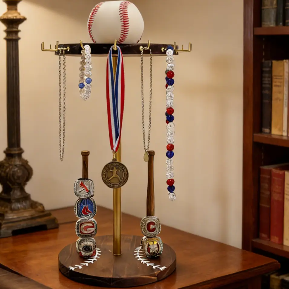 Solid Pine Round Traditional Wooden Rotating Organiser - Baseball-Softball Necklace & Championship Ring Display Rack, Senior Night Trophy Gift for Players, Home Organizer Storage Solution with Smooth Finish, Coaches
