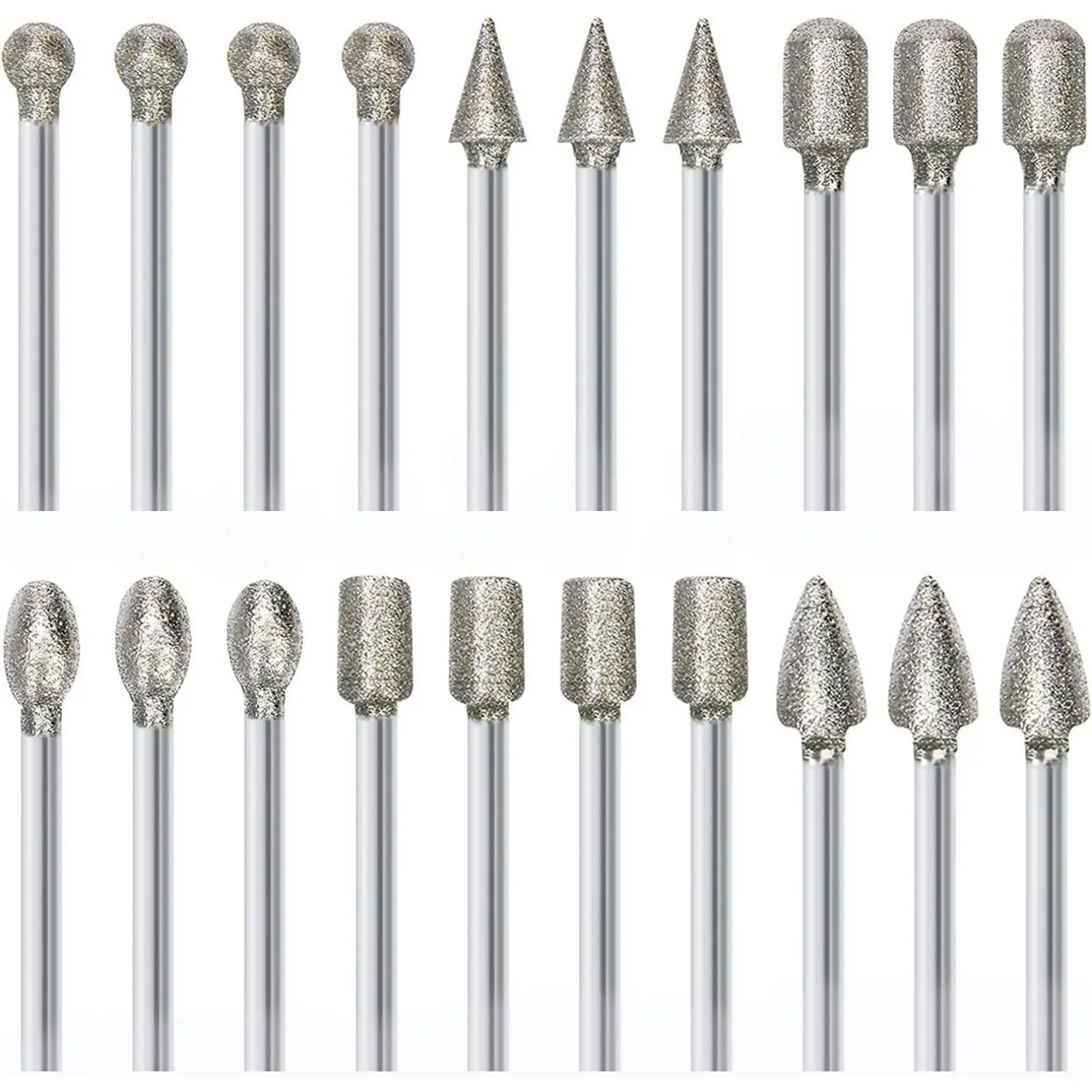20pcs Diamond Drill Grinding Bit Set - 6 Different Shapes, Diamond-Coated Rotary Tools Kit with 1/8-in Shank for Stone Carving, Engraving, Touch-Up, Craft Modeling, Universal Fit for Stone, Glass, Ceramics (Home Improvement Use)