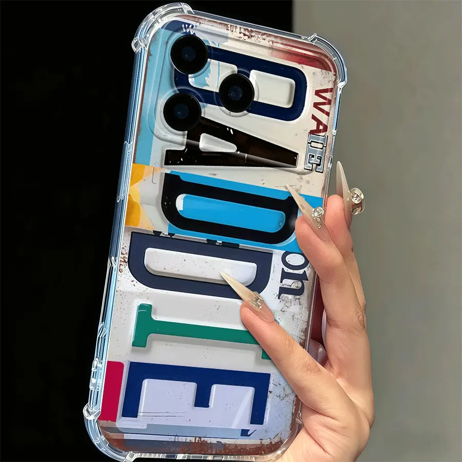 Phone Cases Clear 4-Corner Airbag License Plate Print for iPhone 17 Pro Max & 16 Pro Max – His Hers Matching Street Style Shockproof Cover soft case with license plate design，anti-shock and drop-proof phone cases, a holiday gift for friends, family,