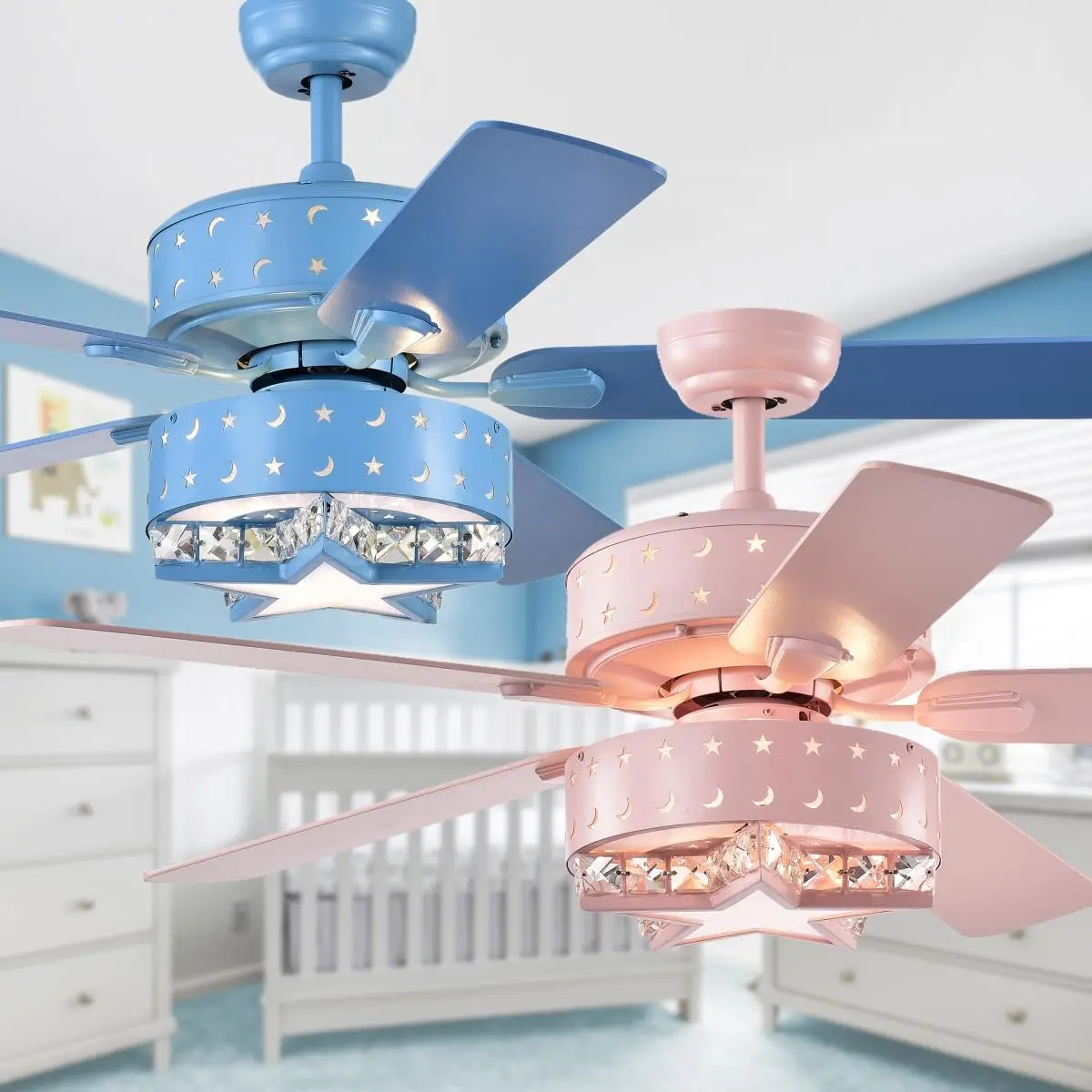 Warehouse of Tiffany CFL-8404REMO-P 52 in. Funder Star & Crescent Lighted Ceiling Fan, Pink, Remote Control, Six Lights
