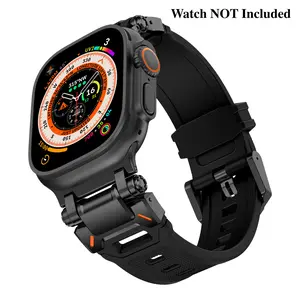 Mecha Style Sport Watch Strap  Replacement Band Compatible with Apple Watch Ultra 2 Band - Durable Metal Connector, Available in 49mm 46mm 45mm, 44mm Sizes, Black Color Smartwatch Strap Wearable Titanium Silicone