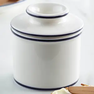 Le Bistro Butter Bell Crock Hand Painted French Royal Blue Banding Durable New Bone China Dishwasher Safe 4.25" x 3.78" Spreadable Butter Container