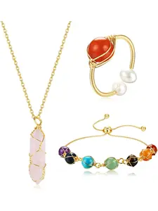Stylish 3 Pcs Colorful Jewelry Set for Women Men Carnelian Crystal Rings 7 Chakra Stones Bracelet Healing Crystal Pendant Necklace Full Wire Wrap 8mm Bead Bracelets Carnelian Adjustable Ring for Yoga Energy Balancing