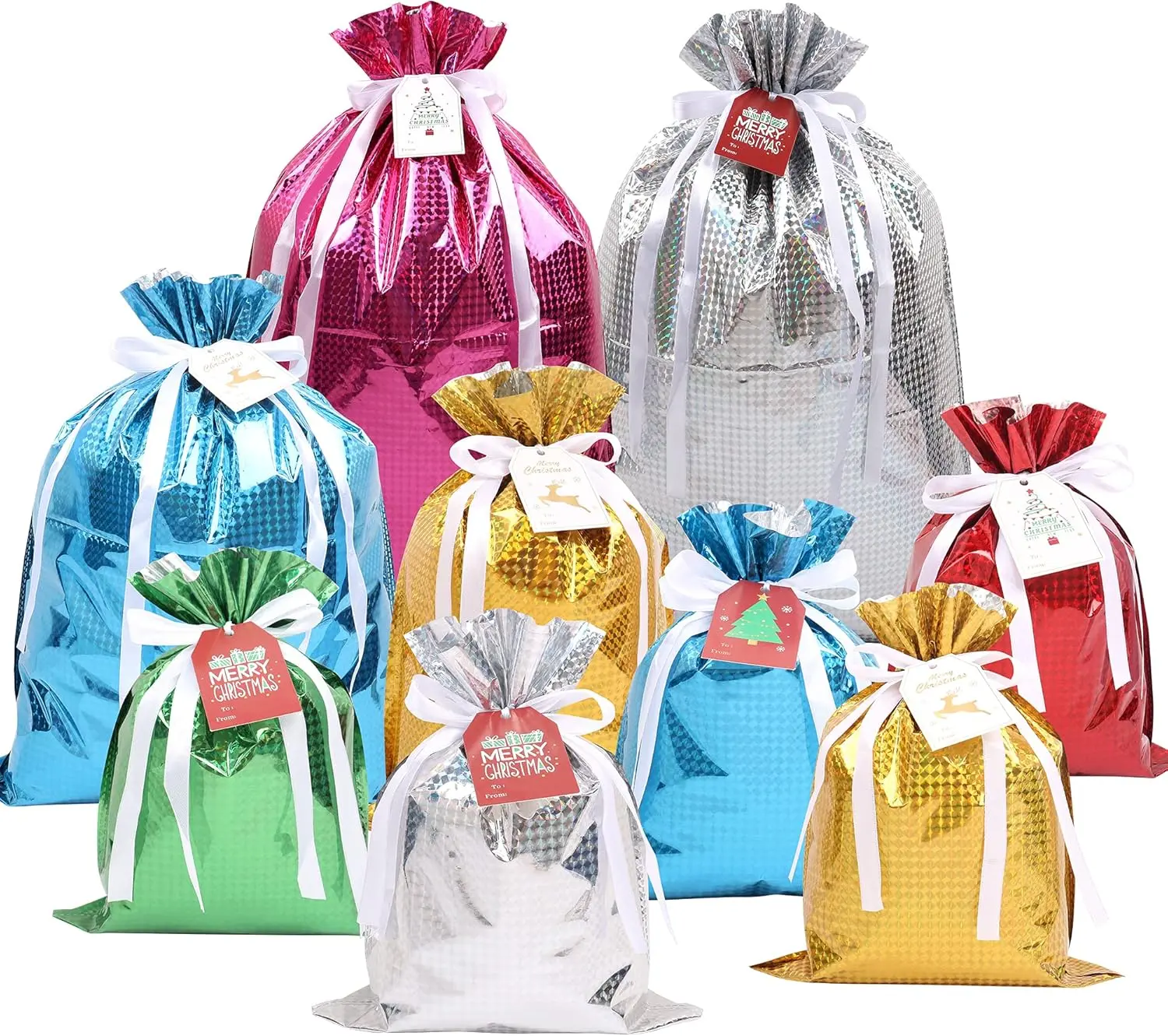 15PCS Christmas Drawstring Gift Bags, Assorted Sizes Solid Color Goodie Bags Presents Wrapping Bag with Drawstring Ribbons and Tags, Gift Wrapping Bag for Christmas Holiday Birthday Party