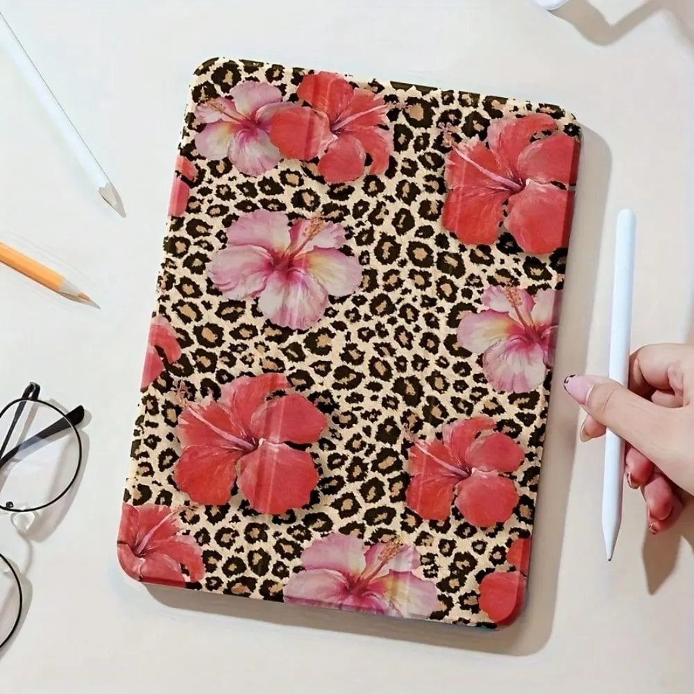 Leopard Print & Hibiscus Pattern iPad Case, Transparent Pen Slot, Soft Shockproof Cover with Foldable Stand & Auto Sleep/Wake Function. For iPad 7/8/9/10, Air 4/5/6, Pro 11/9.7, A16 & Samsung Galaxy Tab S6/S7/S8/S9/S10/A7/A9/Lite/Plus.