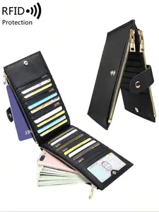 RFID Barrier Double Fold Long Zipper Wallet, Multi Color Credit Card Wallet, PU Leather Coin Wallet, Durable Fashion Wallet, ID Window with Card Slot, Perfect Card and Cash Organizing Accessories, Designed for Daily Use, Rfid Blocking Wallets