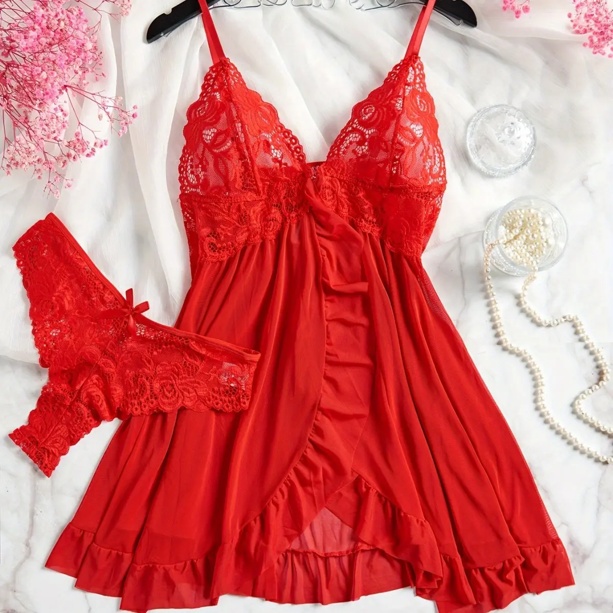 Women's Sexy Lingerie See-through Strap Dress Plus Size Fabric Lace