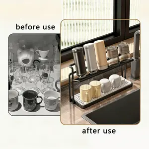 Double Layer Metal Cup Holder 1 Count Kitchen Countertop Organizer for Tea & Coffee Mugs with Drain Tray, Non-food Contact Kitchen Accessories, Durable Holder