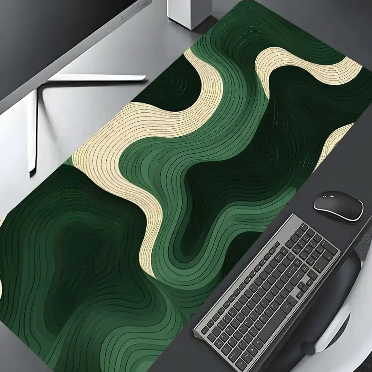 Minimalist Green Wave Gaming Mouse Pad, Desk mats, desktop decoration protection pad, rubber pad non-slip lock edge work pad, multi-size mouse pad for laptop, desktop computer games, work, Desk Accessories, Desktop Accessory
