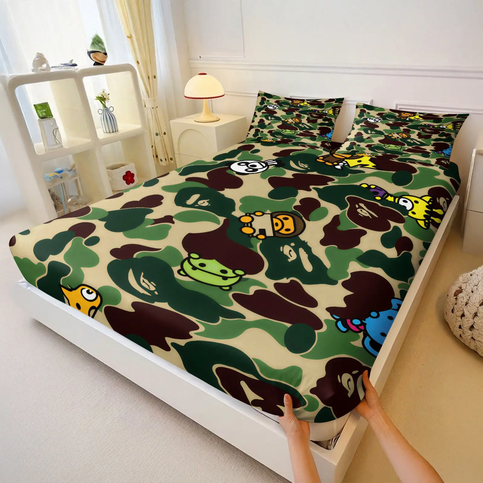 3Pcs Cartoon Animals Green Camo Fitted Sheet Set No Fillers, Classic Streetwear Camouflage Bed Sheet Set, Trendy Kawaii Bedding Set with Pillowcases, Deep Pocket for Kids Boys Girls Teens Bedroom Dorm Decor, Cute Bed Sheets, Bed Linens Bedset