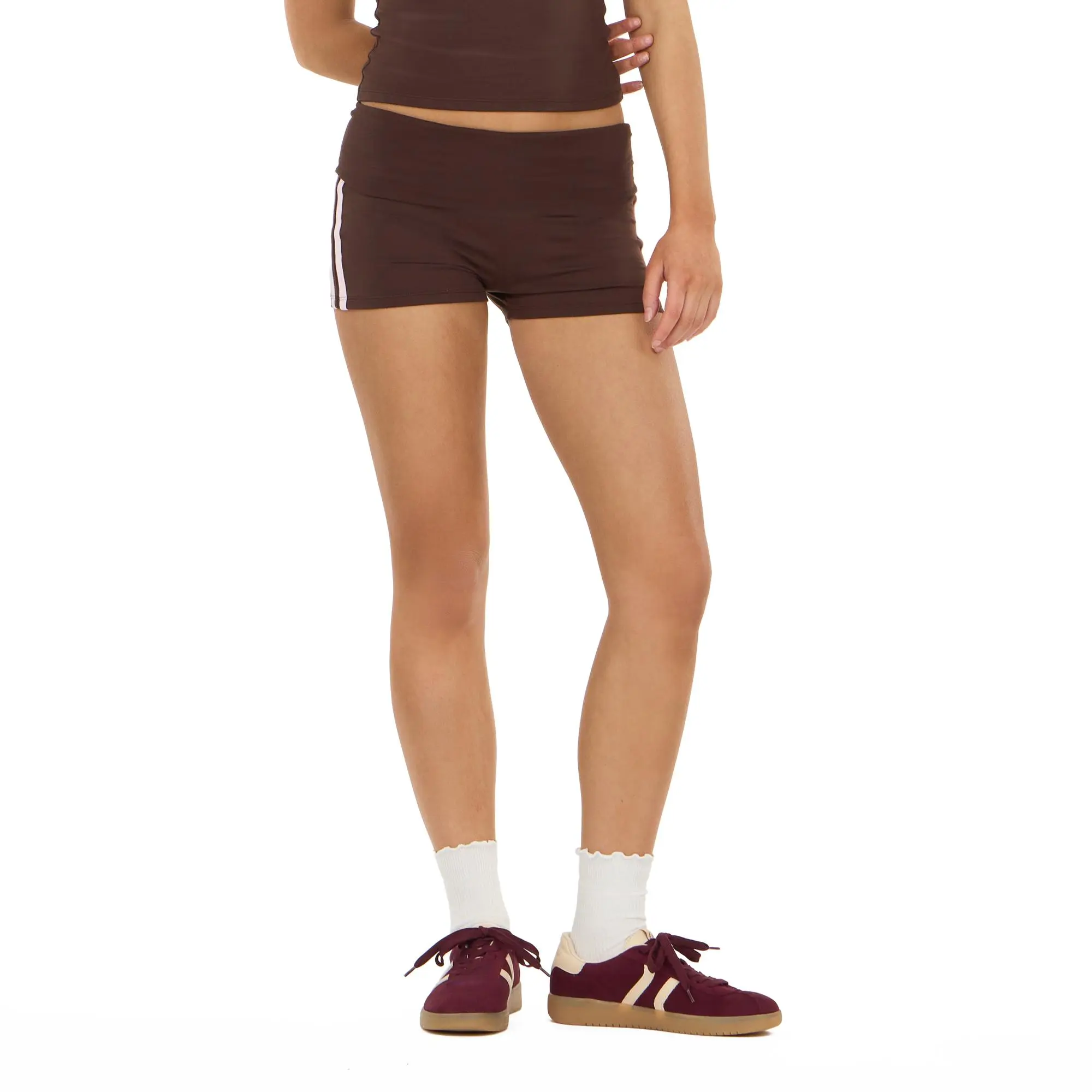 Forever 21 Women's Active Side Stripe Fold-Over Waistband Shorts - Soft Stretch Fabric, High/Low Rise Fit, Mid-Rise Option, Elastic Waist, Above-The-Knee, Casual Travel & Everyday Sporty Chic Wear