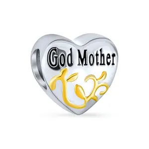 Sterling Silver Heart Shaped Word God Mother Charm Bead Two Tone 14K Gold Plated Scroll for Bracelet