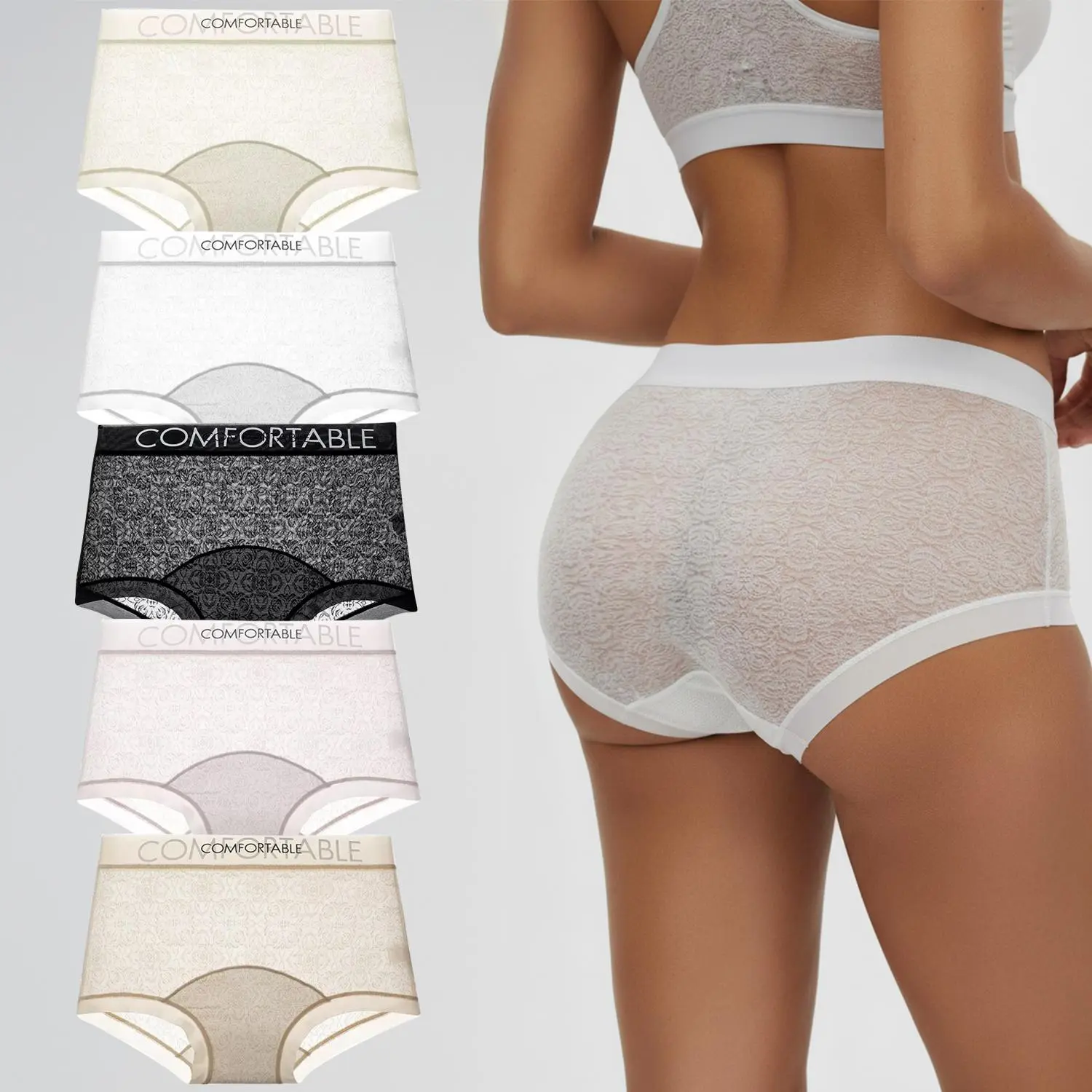 Women's High-Waist Cotton Mesh Briefs, 4-Pack Soft Breathable Panties with Mesh Lace, Foldable for Casual Daily Wear