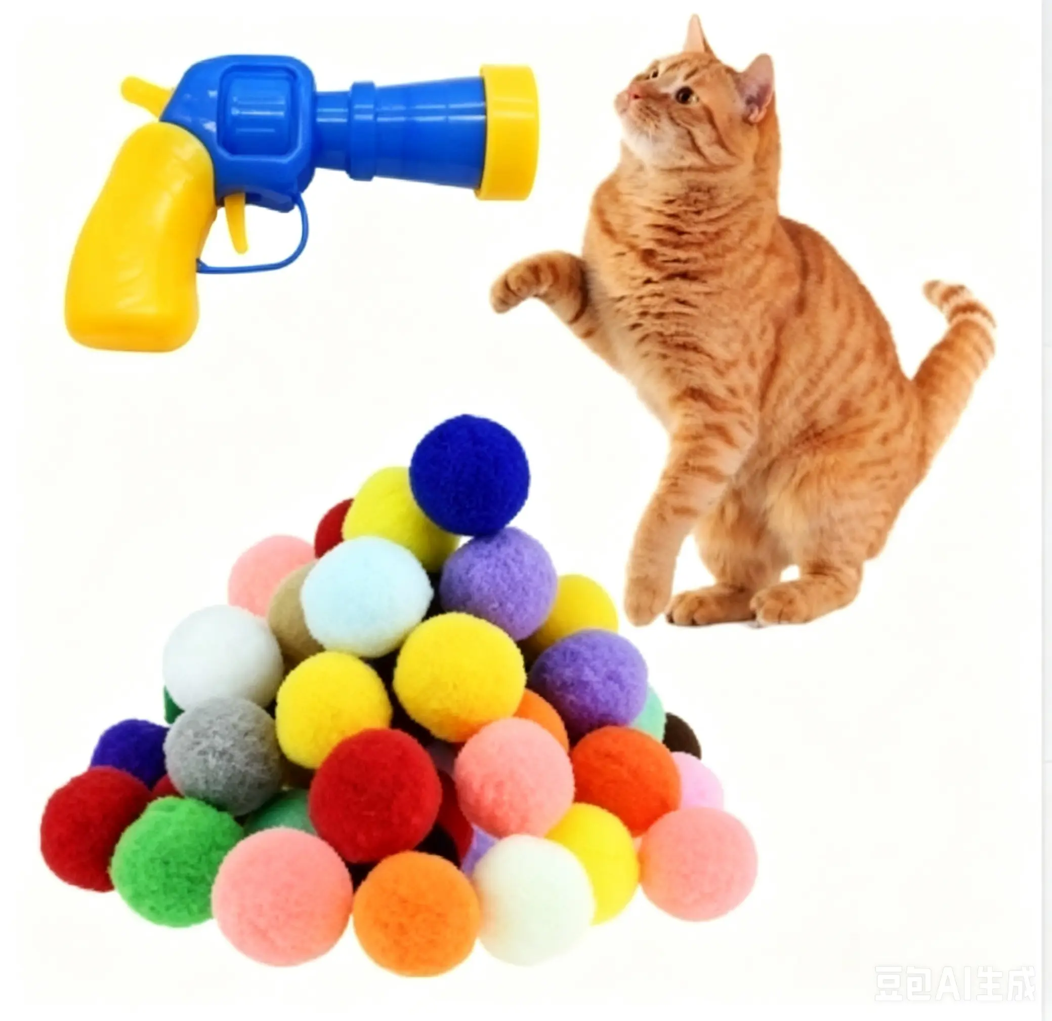 Interactive Cat Pom Pom Launcher Toy Gun, 30 Pcs Colorful Soft Plush Pom Pom Balls, Self Play Training Fetch Toy for Kittens Indoor Activity, Durable Pet Cat Play Supplies