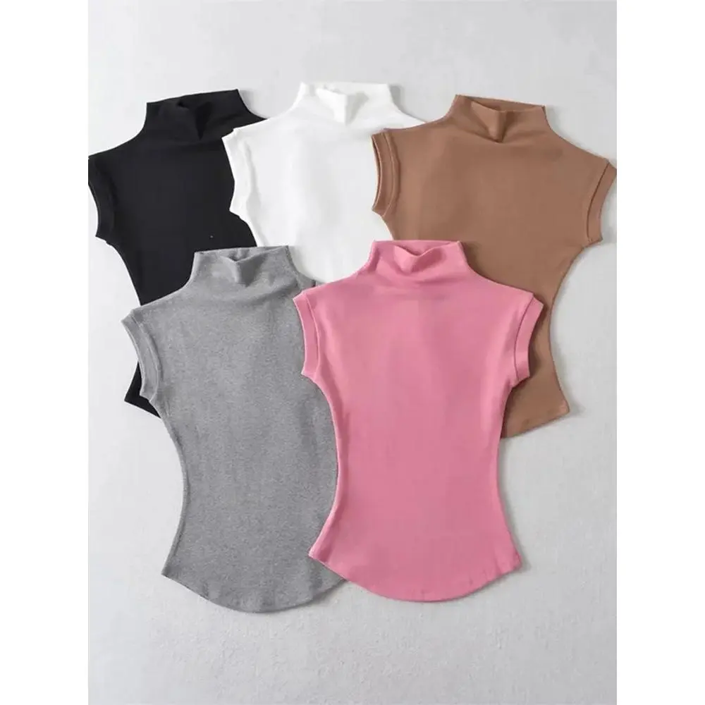 Women Turtleneck Sleeveless T-Shirts Tops Solid