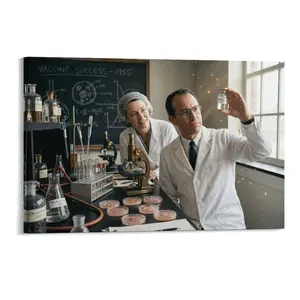 1pc Frameless Canvas Print, Retro 1955 Polio Vaccine Lab Scene (Scientists, Microscopes, Petri Dishes), Vintage Scientific Wall Art for Home/Office/Medical Decor