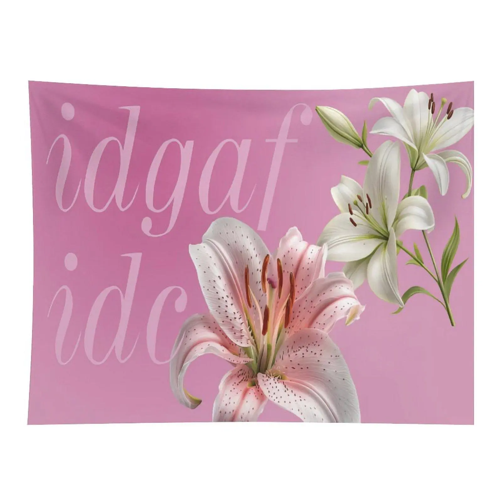 Elegant Fabric Tapestry with Pink-White Lily Floral Print, Simple Pink Background, Minimalist Letter Art Wall Hanging for Girl Room Decor