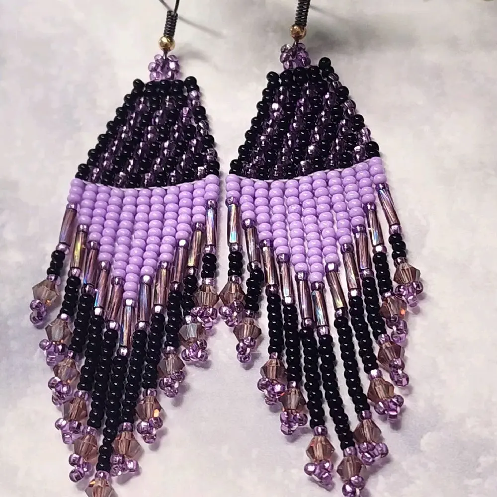 Elegant Purple Beaded Earrings with Black and Pink Beads, Long Design, Perfect for Any Occasion