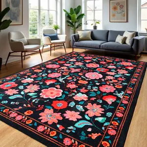 Black Flannel Non-Slip Area Rug, Washable Boho Vintage Low Pile Carpet Print Home Rugs For Living Room, Bedroom, Kids Room, Playroom, Dining Room, Home Office, Farmhouse, 5x8, 6x9, 8x10, 9x12 Feet