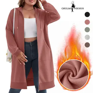 Chulianyouhuo 2026 Women Zip up Oversized Solid Loose Hoodies Long Plus Size Sweatshirt Casual Jackets with Pockets Zipper Womenswear
