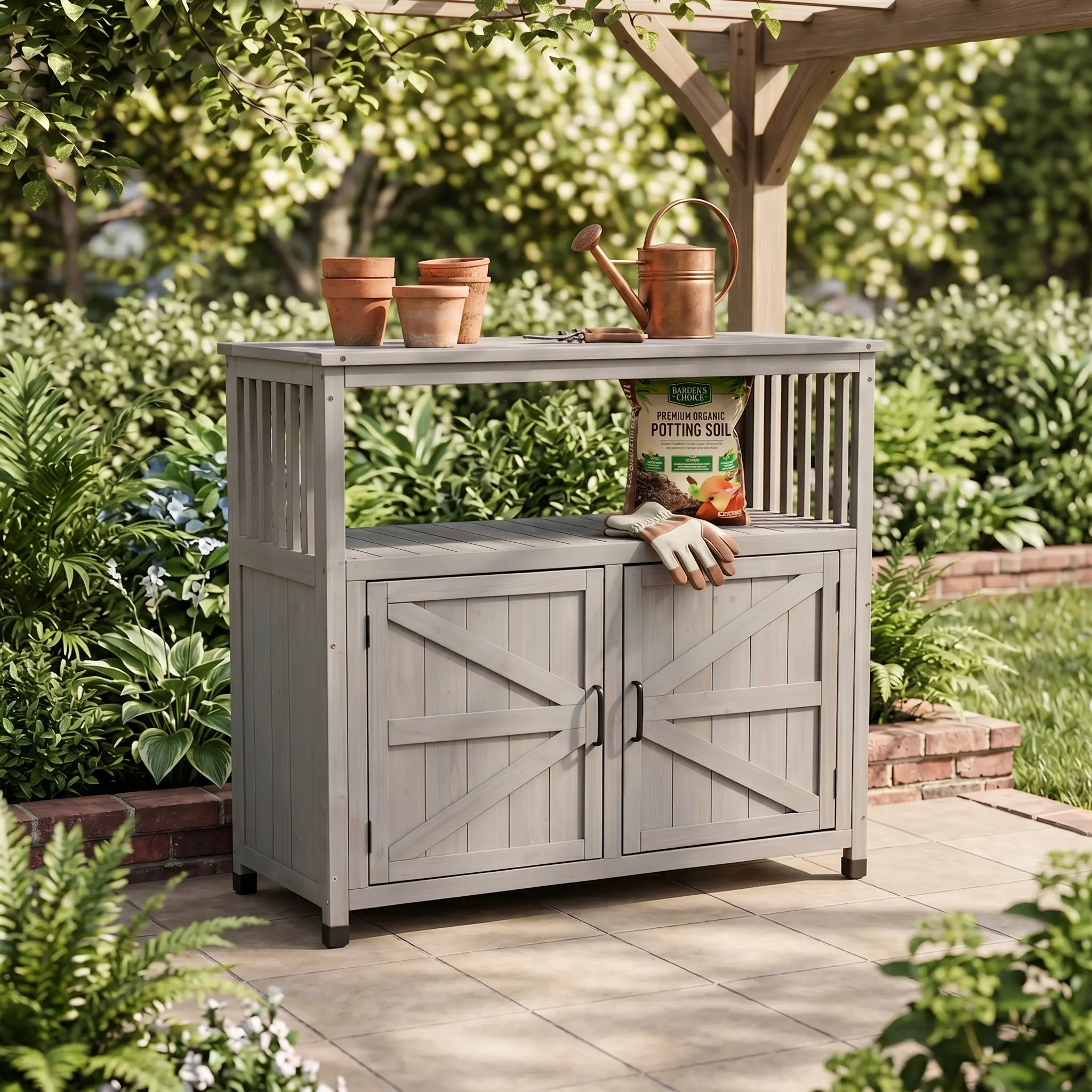 Wooden Patio Bar Table Set with Storage, Buffet Cabinet Sideboard for Outdoor and Indoor