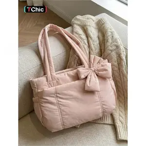 Pink Quilted Bow Tote Bag, Casual Lightweight Shoulder Bag, Casual Commuter Bag, Suitable for Commuting, Shopping, Leisure Outings, Everyday Accessories.