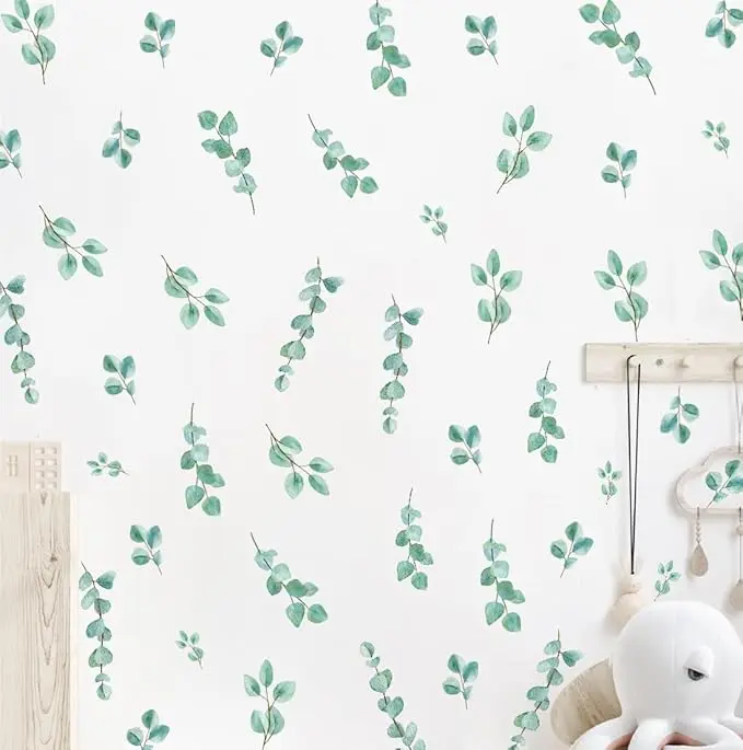 Watercolor Green Leaves Wall Decal, Botanical Leaf Vinyl Wall Stickers, Removable Eucalyptus Leaf Plants Artwork for Bedroom Living Room Decor