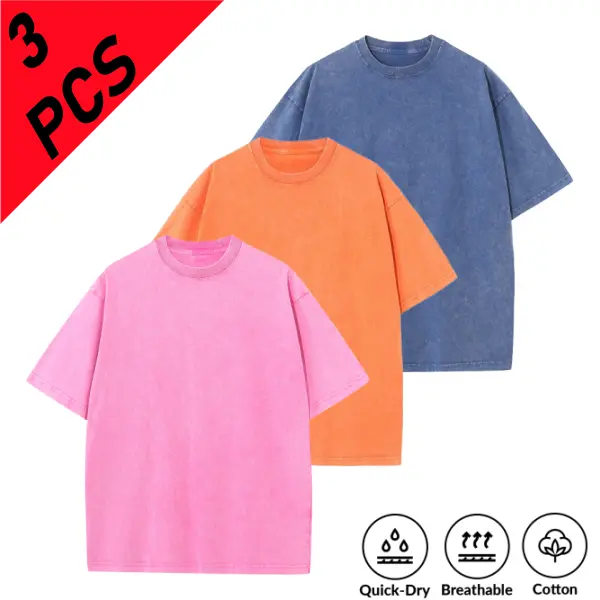 Men's solid color old round neck loose cotton three-piece short-sleeved T-shirt, suitable for men's daily street or home leisure, comfortable and breathable