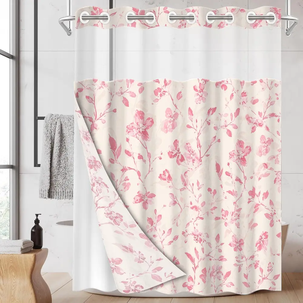 1pc hookless shower curtain with buckle lining, spring pink and white floral design, 2D flat printing, waterproof fabric lining, see-through double-layer shower curtain, 71 x 74 inches, Bathroom Accessory, Floral Shower Curtains For Bathroom