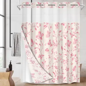 1pc hookless shower curtain with buckle lining, spring pink and white floral foliage design, 2D flat printing, waterproof fabric lining, see-through double-layer shower curtain, 71 x 74 inches, modern home draping curtain, Bathroom Decoration Accessories