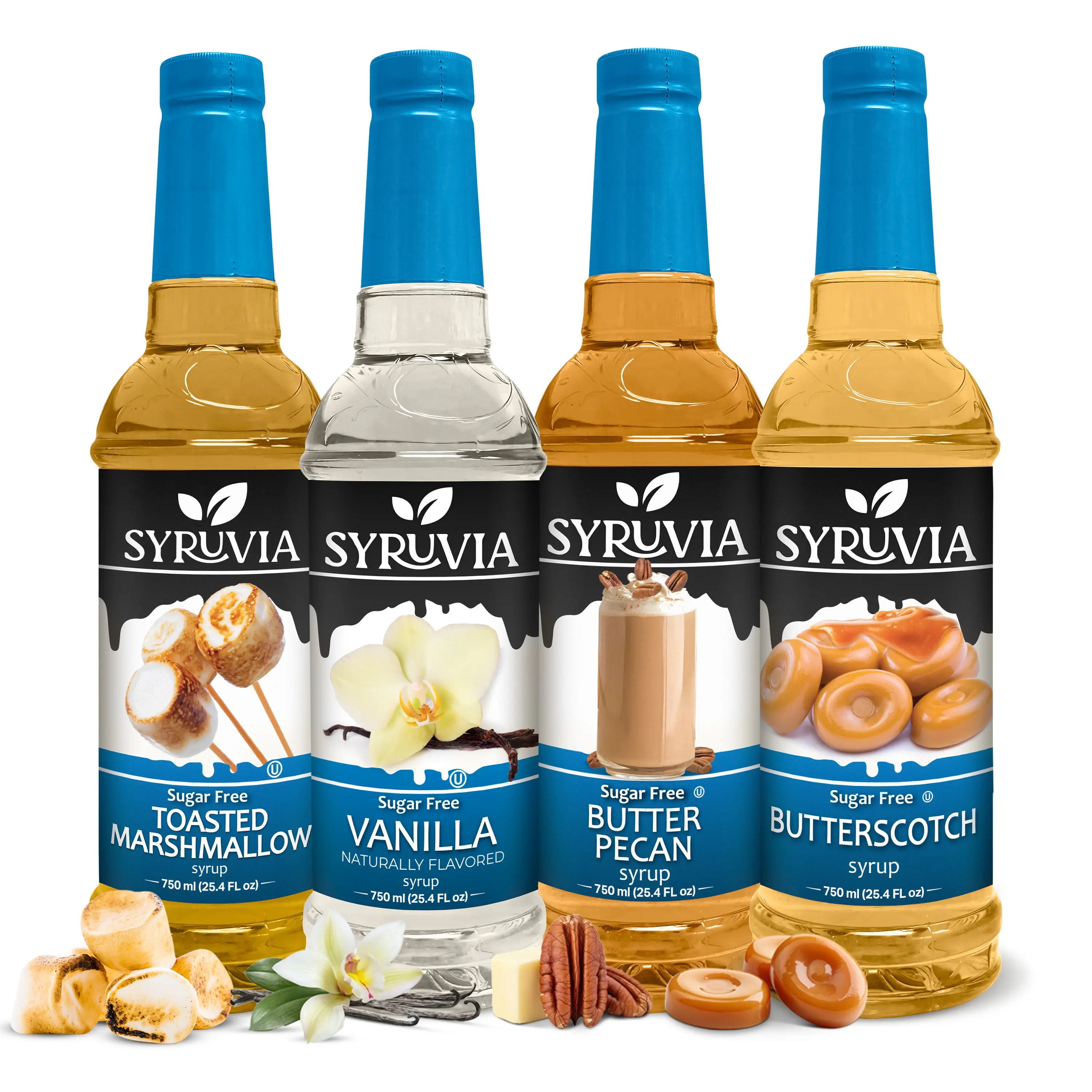 Syruvia Sugar Free Coffee Syrup Variety Pack – Toasted Marshmallow, Vanilla, Butter Pecan & Butterscotch – Gluten-Free, Kosher, 25.4 fl oz Bottles – Perfect for Coffee, Lattes & Desserts (4-Pack)