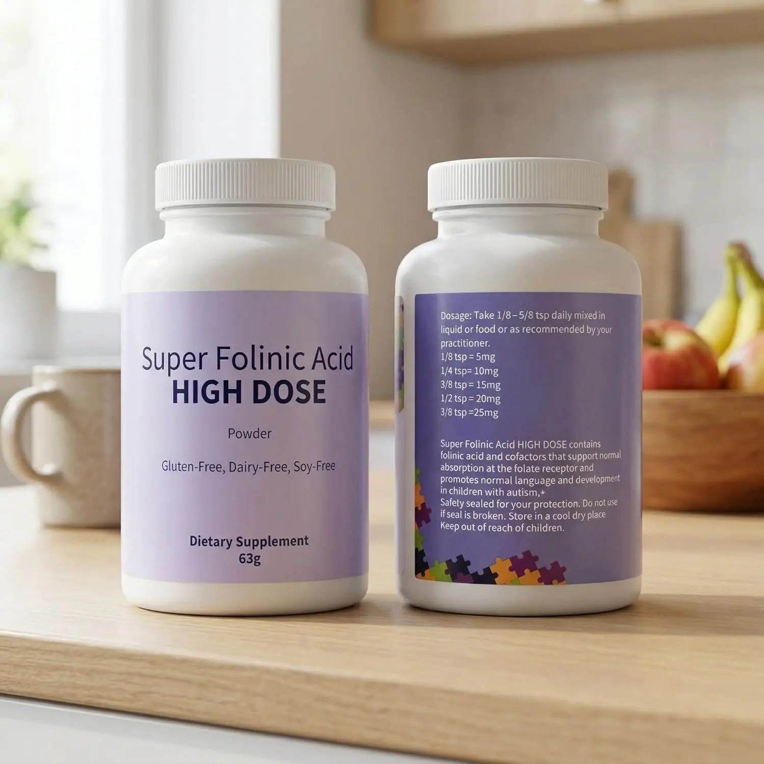 2Pack Super Folinic Acid High Dose Powder , Active Folate (Leucovorin) Supplement, Folic Acid Metabolism Support, Gluten-Free, Dairy-Free, Soy-Free  63g#SummerVibes