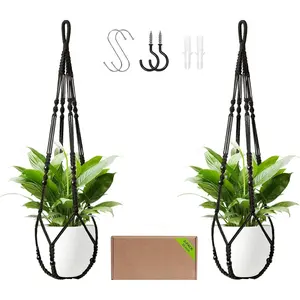 Macrame  Hanger Indoor Set of 2 with 4 Hooks, Indoor Outdoor  Planter for  Holder with Decorative  Beads & No Tassels, Boho  Decor, 35 Inch Black (Pots Not Included)