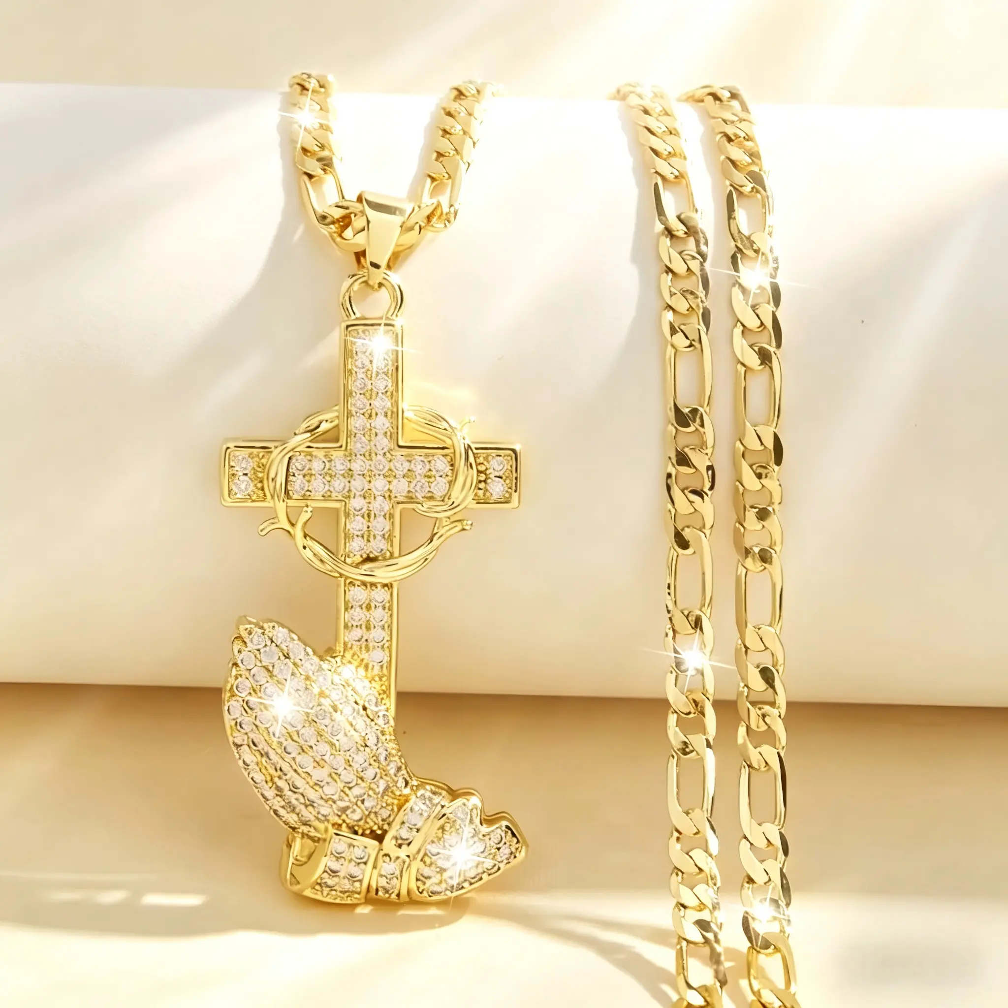 14K Gold Plated Boho Style Pendant Necklace with Cross & Prayer Hand Design - Sparkling Zirconia, Elegant Religious Jewelry for Weddings, Parties, and Special Occasions, Festive Accessory|Bohoinspired Design|Durable Chain, Christian Jewelry