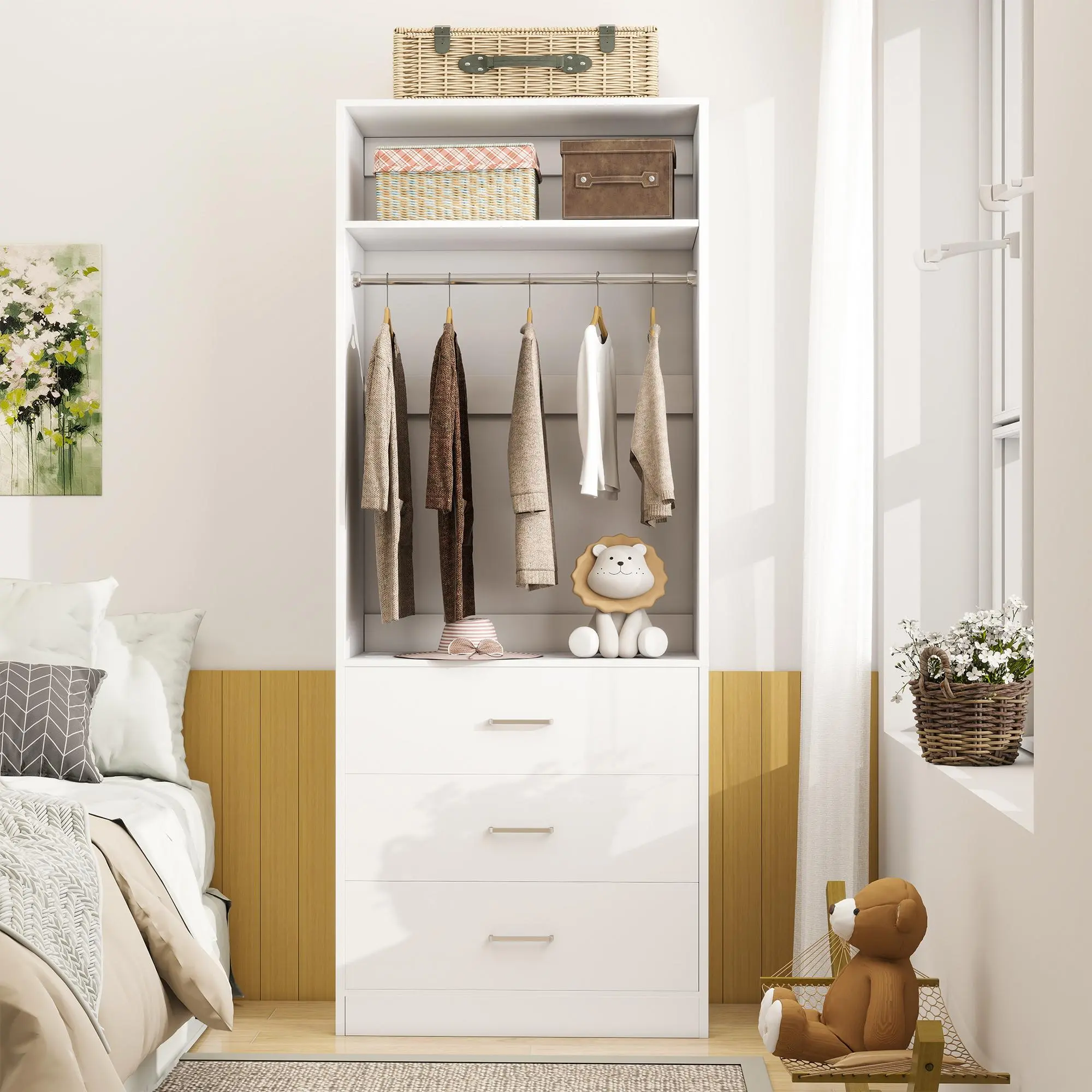 Unikito Freestanding 2FT Wood Closet System with 3 Wooden Drawers,Modular Design 24" W Walk-in Closet Organizer System with Hanging Rod & Shelves for Small Closets