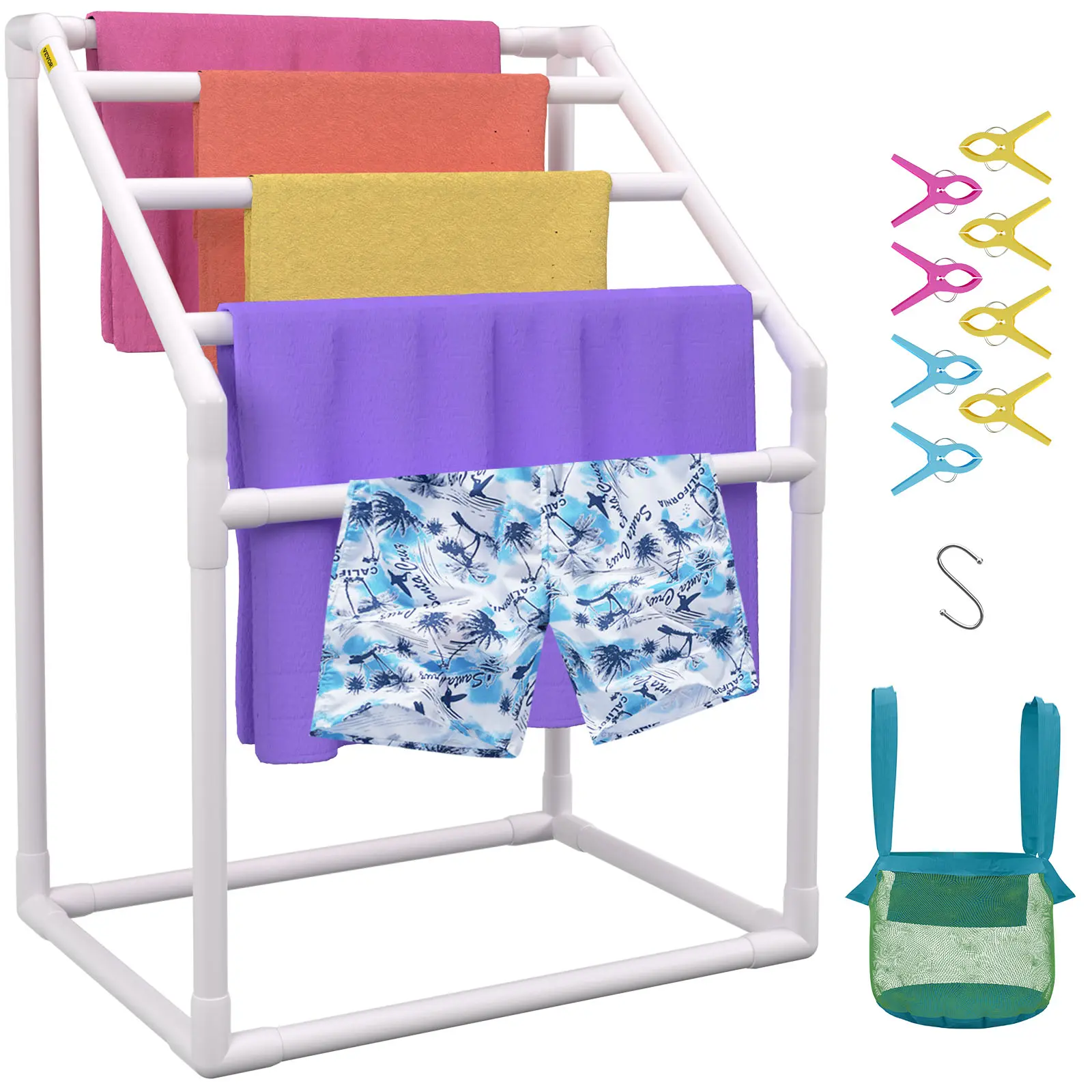 【Summerfinds】VEVOR Freestanding Stainless Steel Pool Towel Rack - 5-Bar White Glossy PVC Plastic Organizer, 37x24x50", 8 Towel Clips, Mesh Bag, Hooks, Hanger, Collapsible, UV/Fade-Resistant, Quick Assemble, Easy Clean for Pool, Beach Storage, Uv Resistant