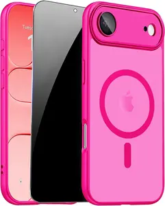 for iPhone  Air Case with Privacy Screen Protector and Camera Protection Compatible with MagSafe Magnetic Translucent Matte Shockproof Phone Cover for iPhone 17 Air Women/Girls, Hot pink