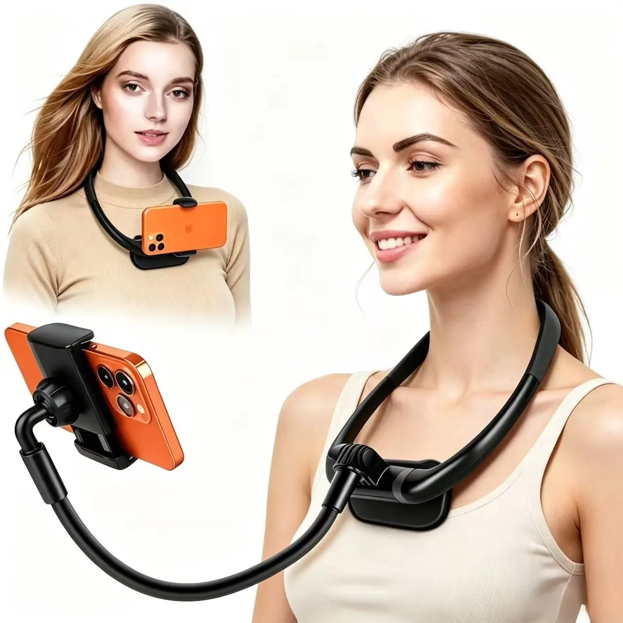 Multifunctional Metal Neckband Smartphone Mount - Desktop Cellphone Stand with ABS & Live View, Mobile Accessories for Party Use, Outdoor Recording
