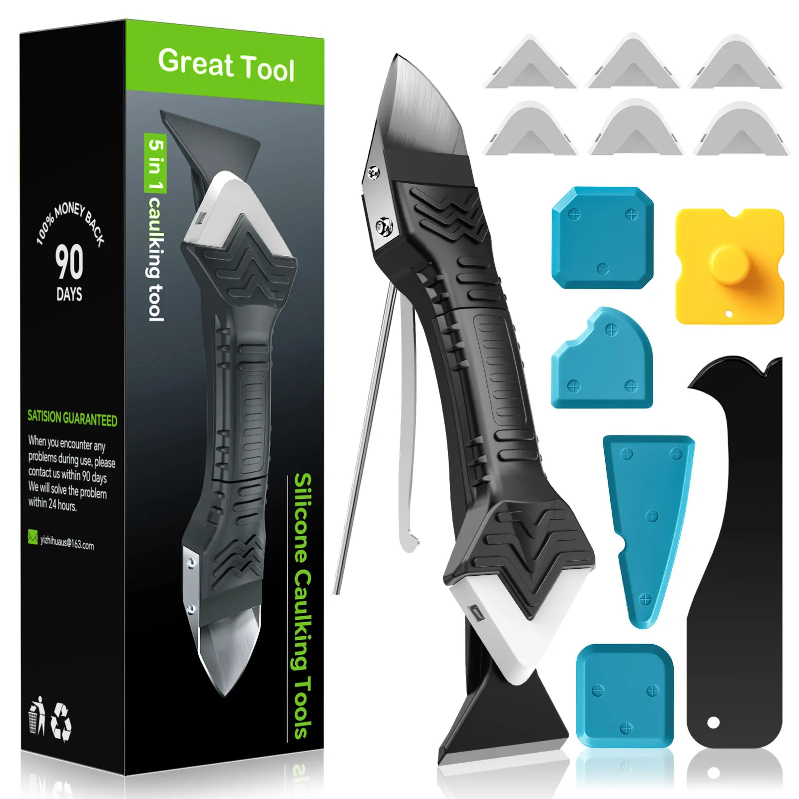 Caulking Tool 5 in 1 Silicone Caulking Grout Removal Sealant Finishing Tool with Grout Scraper, 6 Exchange Silicone Pads, Adhesive Residue Scraper Seam Repair Kit for Kitchen Bathroom White
