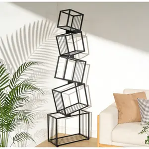 5-Tier Metal Geometric Bookshelf, Modern Narrow Floor Bookcase, 21.65" (W) × 9.84" (D) × 72.05" (H)) 66.93" Tall Space-Saving Organizer, Assembly Required, for Living Room, Bedroom