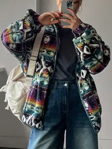 Women's Aztec Tribal Print Fleece Long Sleeve Zipper Jacket, Y2K Boho Loose Fit Fur Coat, Trendy Fall Winter Street Style Outerwear