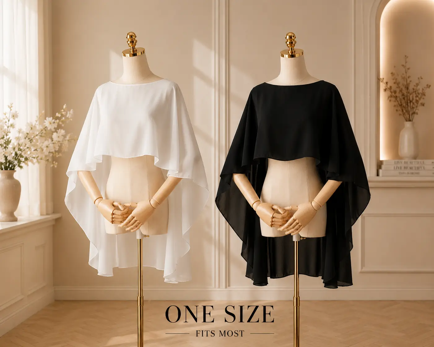 Women's Chiffon Bridal Cape Shawl - Flowy Silhouette with Beautiful Drape, Draped, Comfortable 1-Size Fit, Lightweight Formal Wear Party Wrap Cover-Up for Dresses