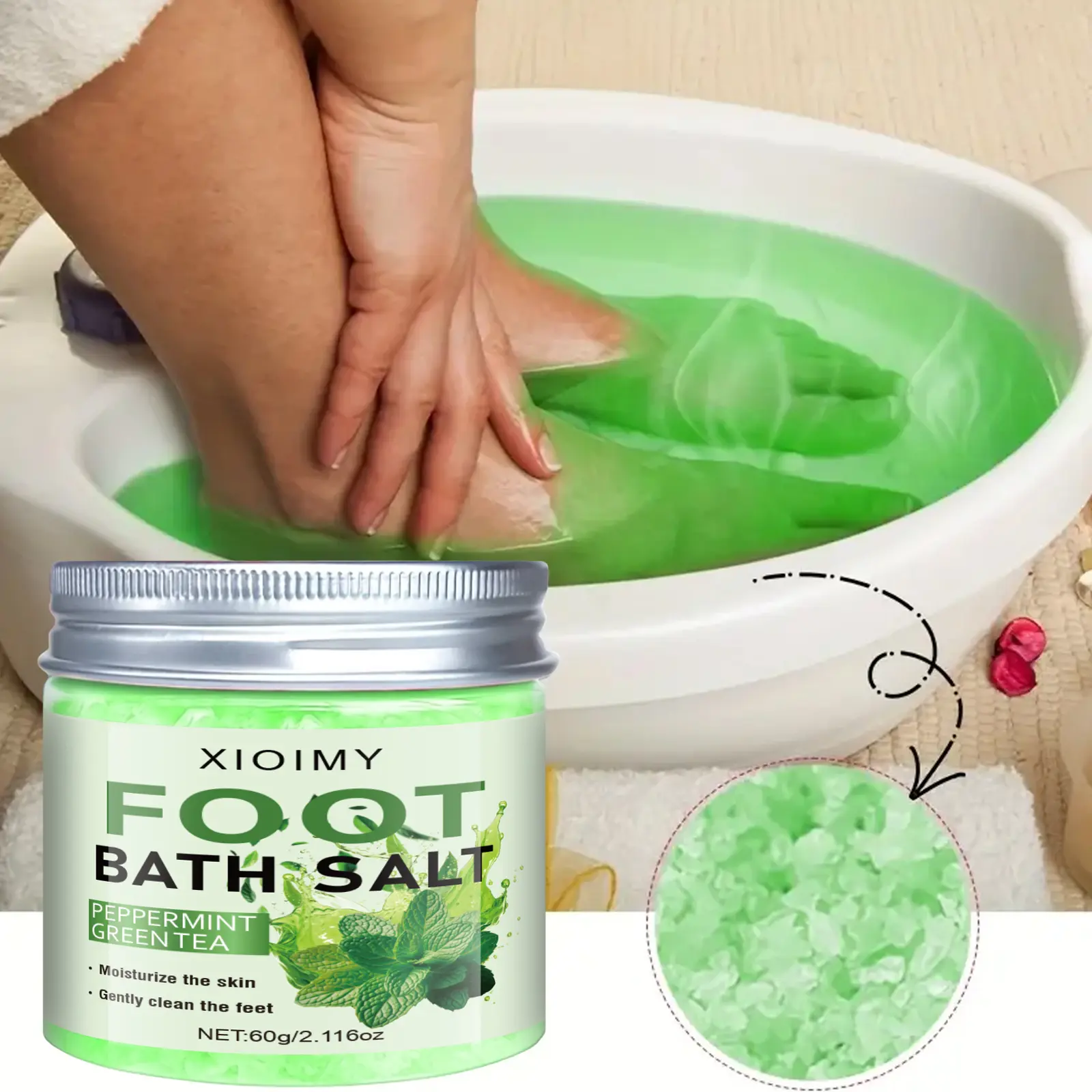 60g Natural Sea Salt Foot Bath Salts Peppermint Infused, Deep Cleansing for Dry Cracked Feet, Perfect Summer Gift After Exercise, Intensive Foot Care Product