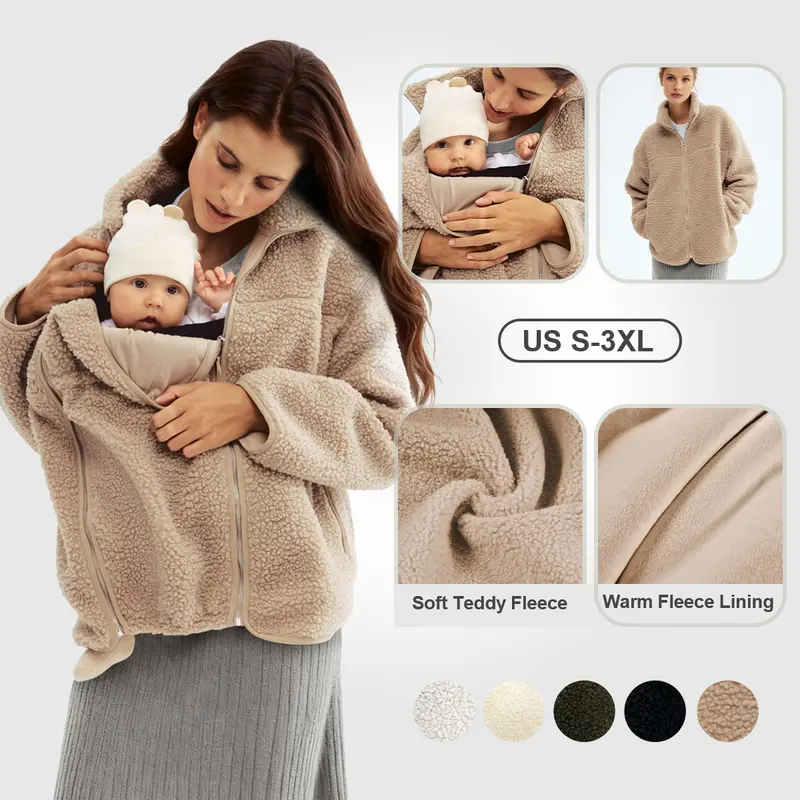 Pwest MAMA Women's Babywearing Teddy Fleece Coat - Long-Sleeve Zippered Winter Warm Outerwear with Pocket, Detachable Panel, 2-in-1 Design, Maillard Color, Women's Clothes, Fleece Jacket, Coats, Long Sleeve Tops