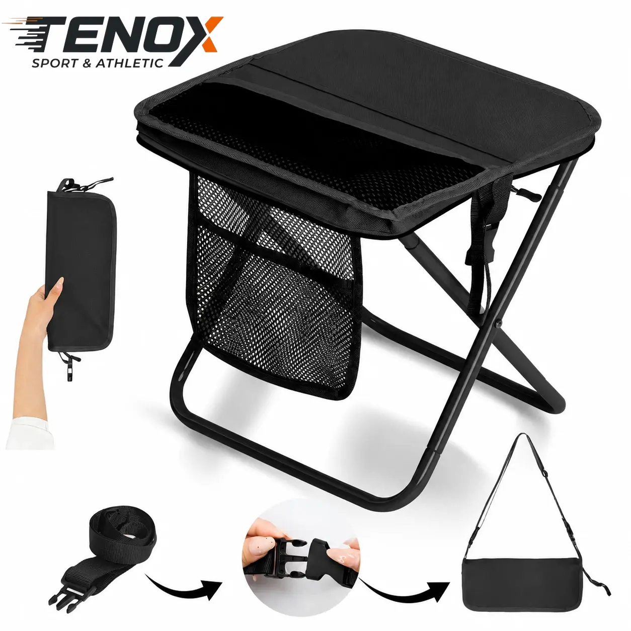 [TENOX] Collapsible Foldable Camping Stool - Built-in Carry Strap, Mesh Storage, Compact Fold Design, Lightweight - 9.8"x9.06"x11" Seat - Ideal for Hiking, Camping, Travel, Collapsible Stools, Ultra Light, Portable, Built-In Carry Strap Stools