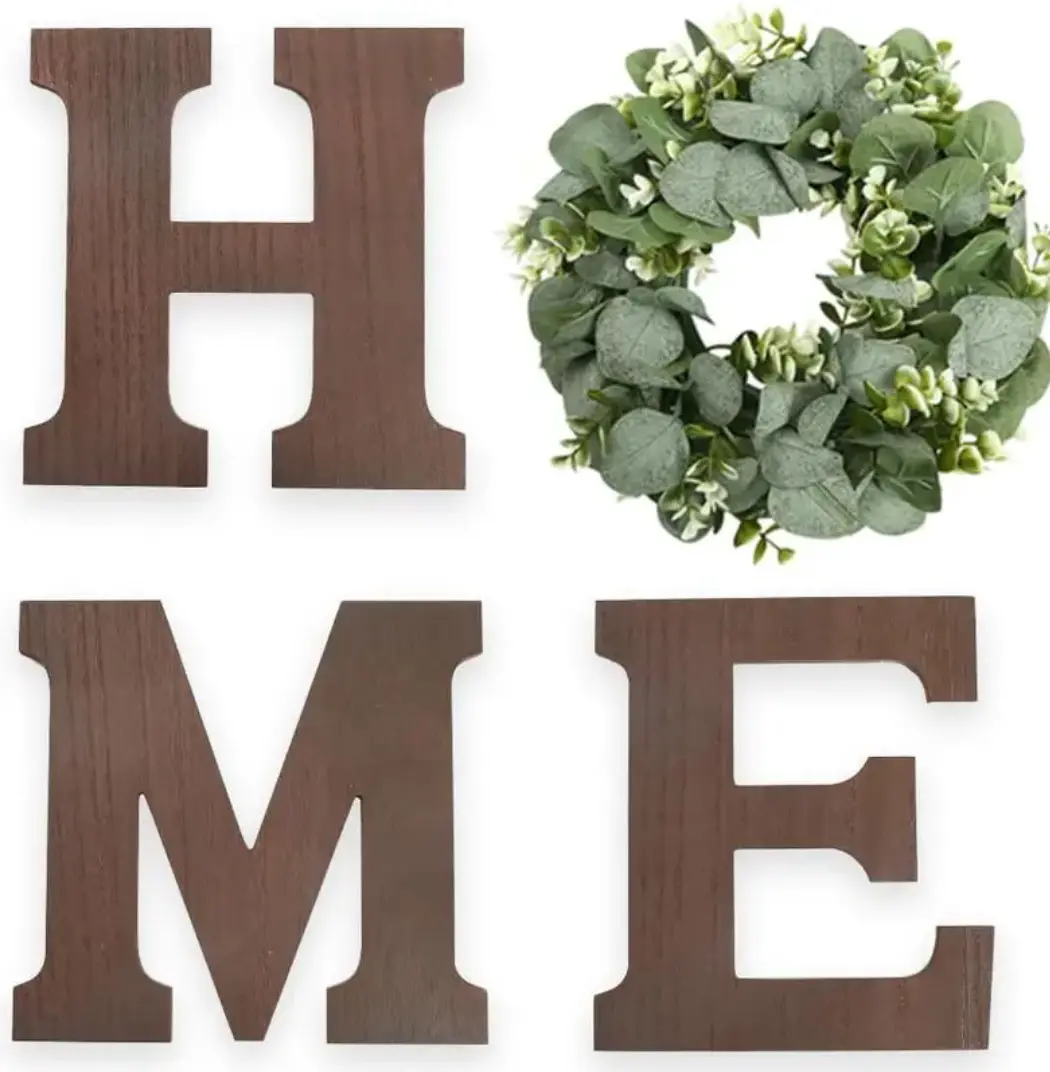 Farmhouse Wood Home Sign with Artificial Eucalyptus Wreath, 1-Set Paulownia Wood Wall Hanging Decor, 9.8in H Letters, 11.8in W Silk-PE-PVC Wreath, Sawtooth Hanger, Indoor-Outdoor Use, Housewarming Gift