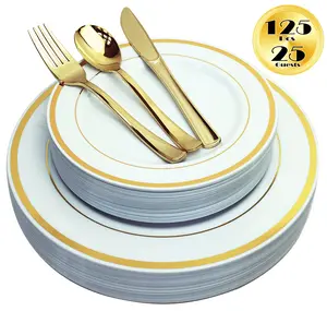JL Prime 125 Piece Gold Plastic Plates & Cutlery Set, Heavy Duty Disposable Plastic Plates with Gold Rim & Silverware, 25 Dinner Plates, 25 Salad Plates, 25 Forks, 25 Knives, 25 Spoons Reusable Sturdy