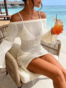 Women's Beach Holiday Style Simple Solid One-Shoulder Drawstring Knot Semi-Sheer Sweater Dress, Fitted All Seasons Fashion
