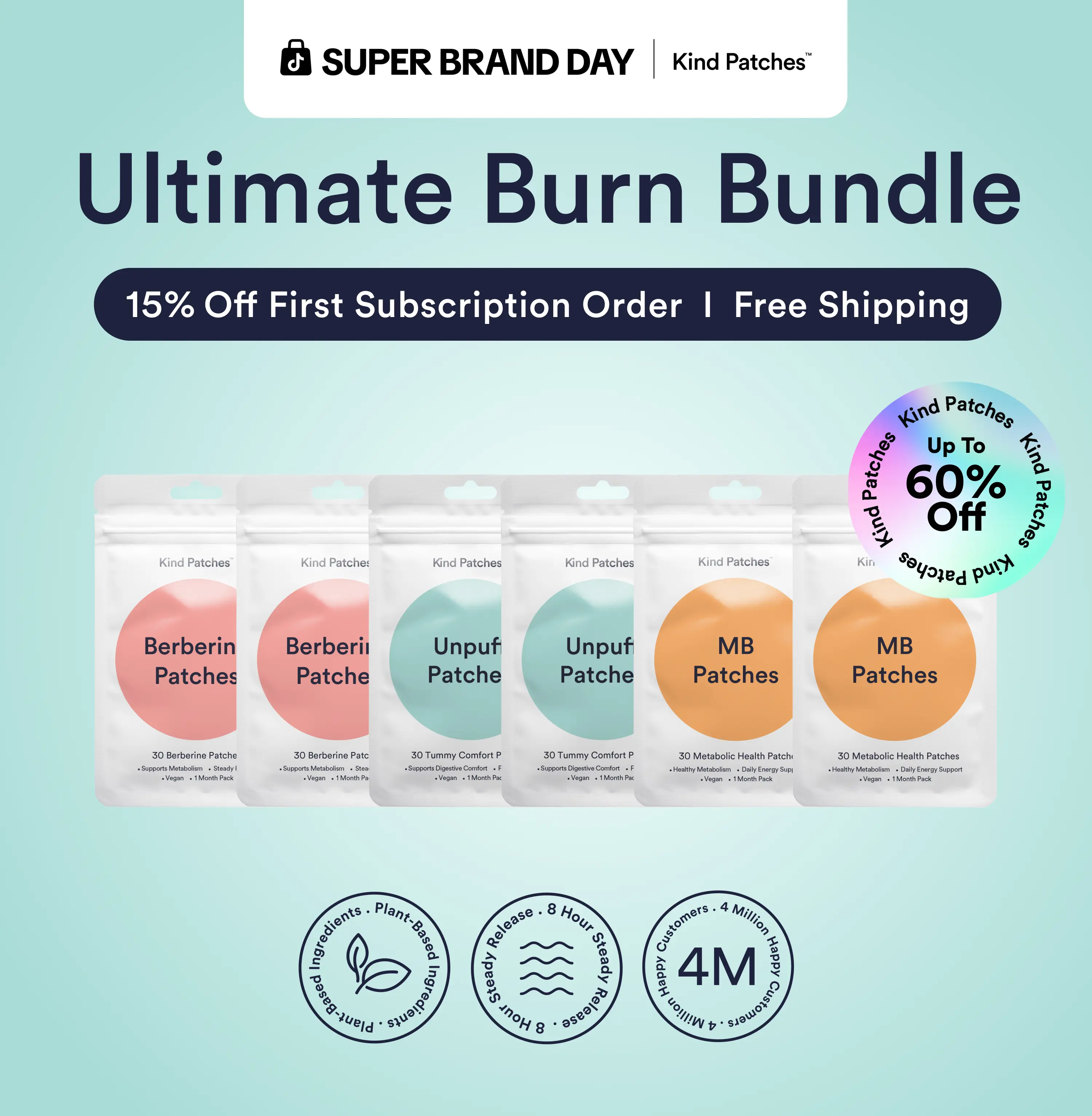 Kind Patches 6-Pack Ultimate Burn Bundle, Clean Energy, Balanced Gut, Digestive Health, Natural Ingredients, 6 Months Supply